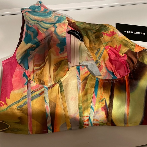 PrettyLittleThing Mesh One Shoulder Corset Barbie Crop Top size 8 NWT - Picture 2 of 8